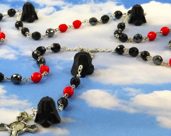 Star Wars Rosary - Czech Black, Gray and Red 8mm Crystal Beads - 3D Darth Vader Father Beads - St Michael Center -St Benedict Black Crucifix