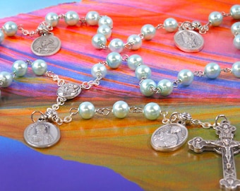 Saints Rosary- Aqua Glass Pearl Beads - Saints: Thomas, Valentine, Matthew, Patrick,Paul (Apostle), Sebastian -Mary Center -Italian Crucifix