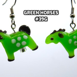 Fun Animal Earrings - Cattle - Cows - Horses - Wolves - Koala Bears - Kangaroos - Llamas - Camels -Hypo Allergenic Surgical Steel Ear Wires Grn Lampglass Horse