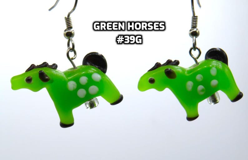 Fun Animal Earrings - Cattle - Cows - Horses - Wolves - Koala Bears - Kangaroos - Llamas - Camels -Hypo Allergenic Surgical Steel Ear Wires Grn Lampglass Horse