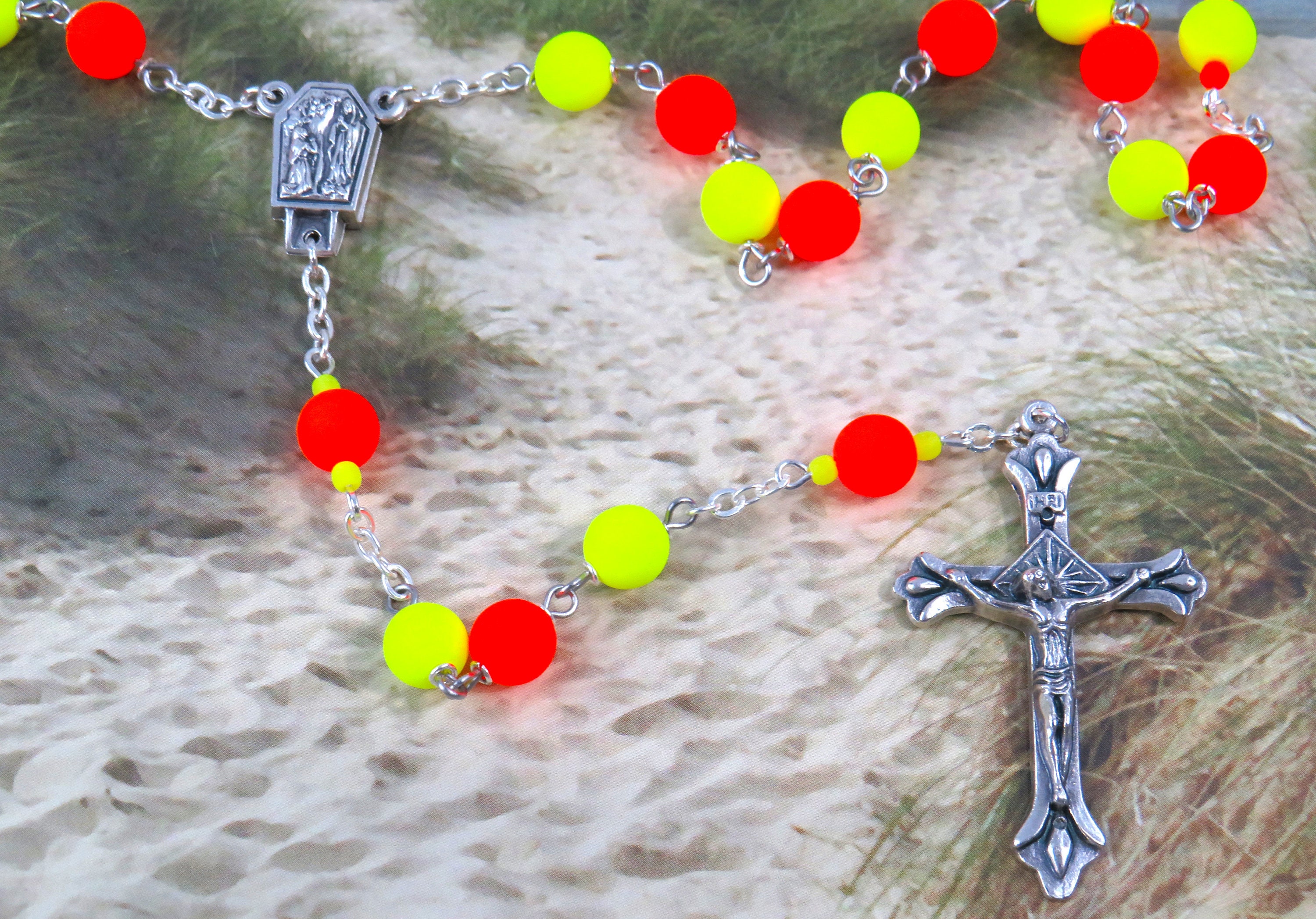 UV Reactive Fluorescent Yellow and Orange Neon Rosary - Czech Yellow &  Orange Neon Glass Beads -Lourdes Water Center- Italian Flare Crucifix