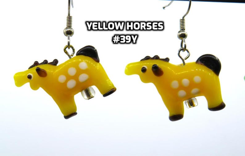 Fun Animal Earrings - Cattle - Cows - Horses - Wolves - Koala Bears - Kangaroos - Llamas - Camels -Hypo Allergenic Surgical Steel Ear Wires Yel Lampglass Horse