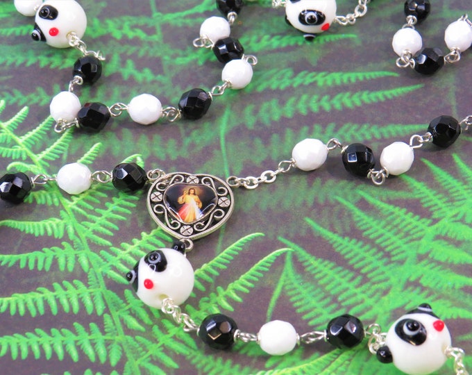 Panda Bear Rosary - Czech Black and White 8mm Crystal Beads - Lampwork Panda Bear Beads -Colorful Divine Mercy Center- White Enamel Crucifix