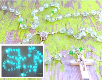 Light Green Czech Glass "Glow in the Dark" Rosary - Czech Light Green Glow in The Dark Glass Beads - Fatima Water Center - Luminous Crucifix