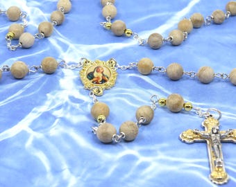 Natural Australian Wood Rosary - Natural Australian Silkwood 8mm Wood Beads - Metal Accent Beads - Holy Land Center - Italian Flare Crucifix