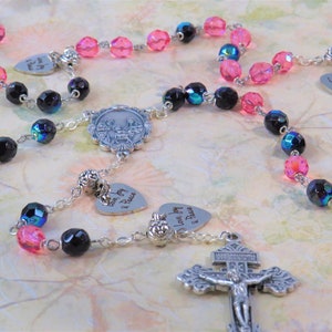 Advent Rosary - Czech Dark Plum & Rose Crystal Beads -Love Joy and Peace Father Charms -Italian Holy Family Center - Italian Pardon Crucifix