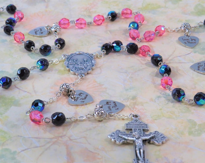 Advent Rosary - Czech Dark Plum & Rose Crystal Beads -Love Joy and Peace Father Charms -Italian Holy Family Center - Italian Pardon Crucifix