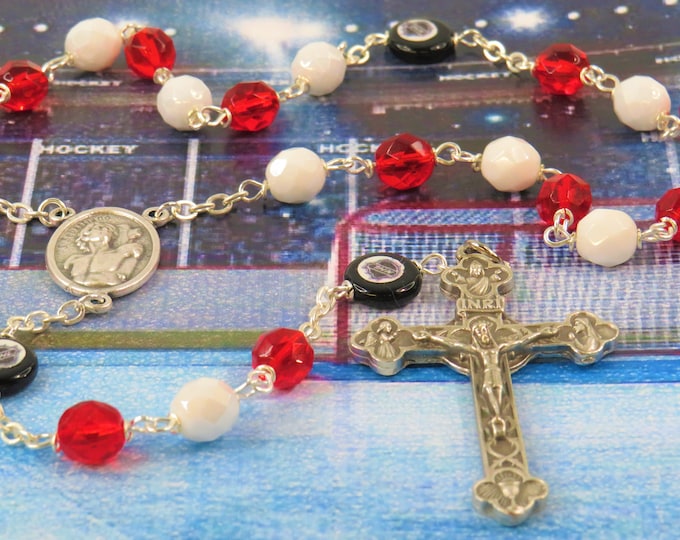 Hockey Rosary - Czech 8mm Red and White Beads - Czech Hockey Pucks - Italian Silver Saint Sebastian Center - Italian Eucharistic Crucifix