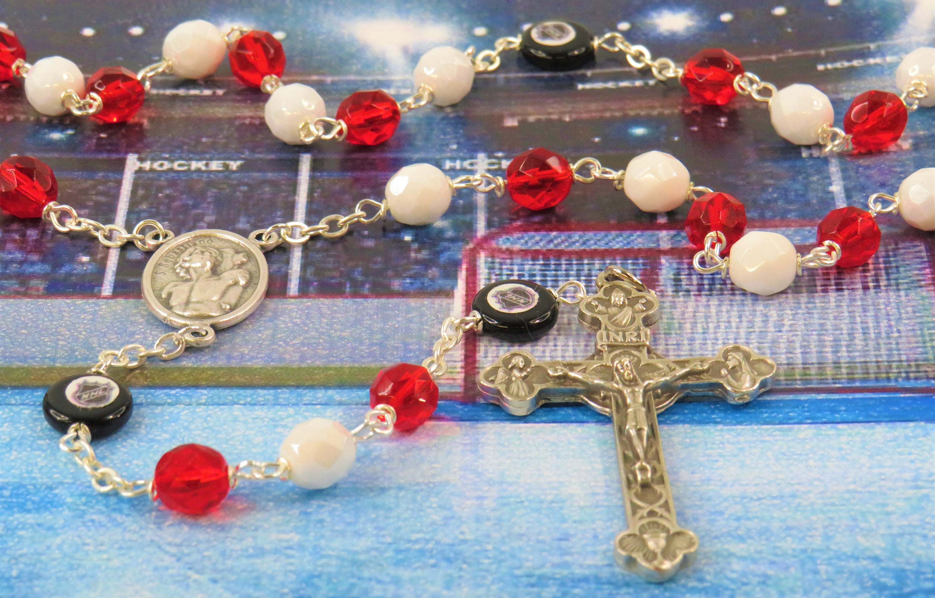 Hockey Rosary - Czech 8mm Red and White Beads - Czech Hockey Pucks -  Italian Silver Saint Sebastian Center - Italian Eucharistic Crucifix