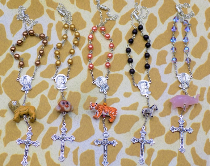 One Decade-Car Animal & Glass Rosaries - Lions, Monkeys, Tigers, Zebras and Elephants - Mother Mary Fatima Centers - Eucharistic Crucifixes