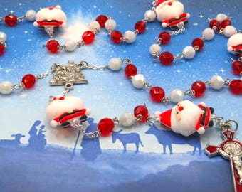 Santa Claus Rosary - Czech Glass Red and White Beads - Santa Claus Silicone Father Beads - Holy Family Nativity Center - Red Enamel Crucifix