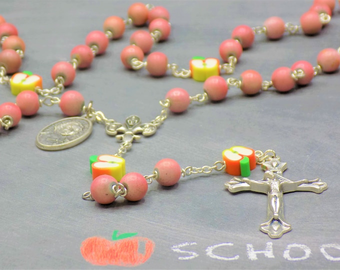 Teacher Rosary - Pink & Silver Beads -Polymer Apple Beads-Fleur-de-Lis Fiat Center-Sunburst Flare Crucifix-St John Baptist De La Salle Medal