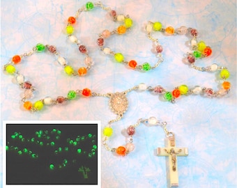 Multi-Color Glass Glow In The Dark Rosary - "Glow in the Dark" Glass Beads - Czech Accent Beads - Italian Mary Center - Luminous Crucifix