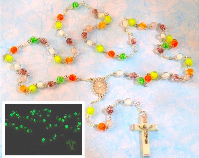 Multi-Color Glass Glow In The Dark Rosary - "Glow in the Dark" Glass Beads - Czech Accent Beads - Italian Mary Center - Luminous Crucifix