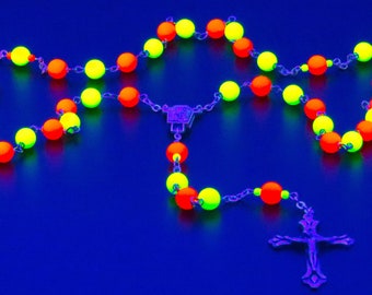UV Reactive Fluorescent Yellow and Orange Neon Rosary - Czech Yellow & Orange Neon Glass Beads -Lourdes Water Center- Italian Flare Crucifix