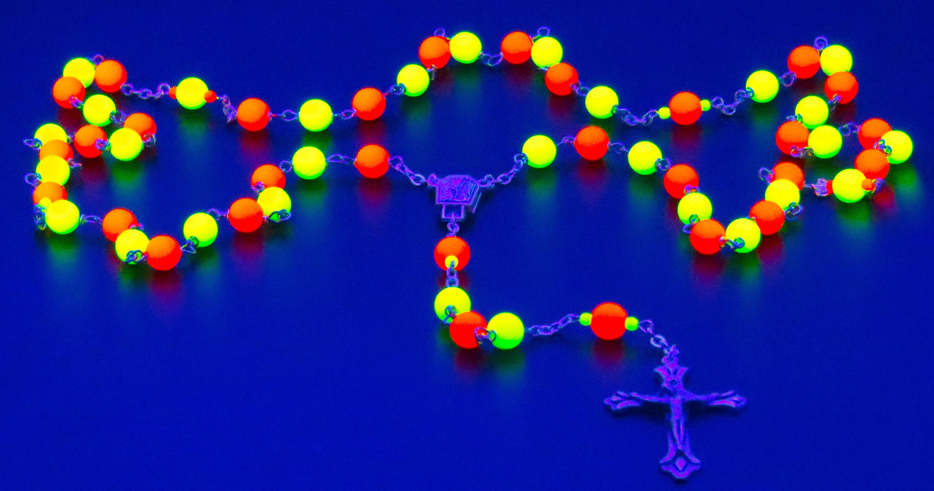 UV Reactive Fluorescent Yellow and Orange Neon Rosary - Czech Yellow &  Orange Neon Glass Beads -Lourdes Water Center- Italian Flare Crucifix