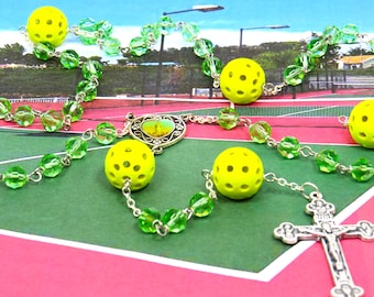 Pickleball Rosary - Czech 8mm Green Glass Beads - 3D Printed Pickleballs - Colorful OL of Fatima Center -Italian Silver Eucharistic Crucifix