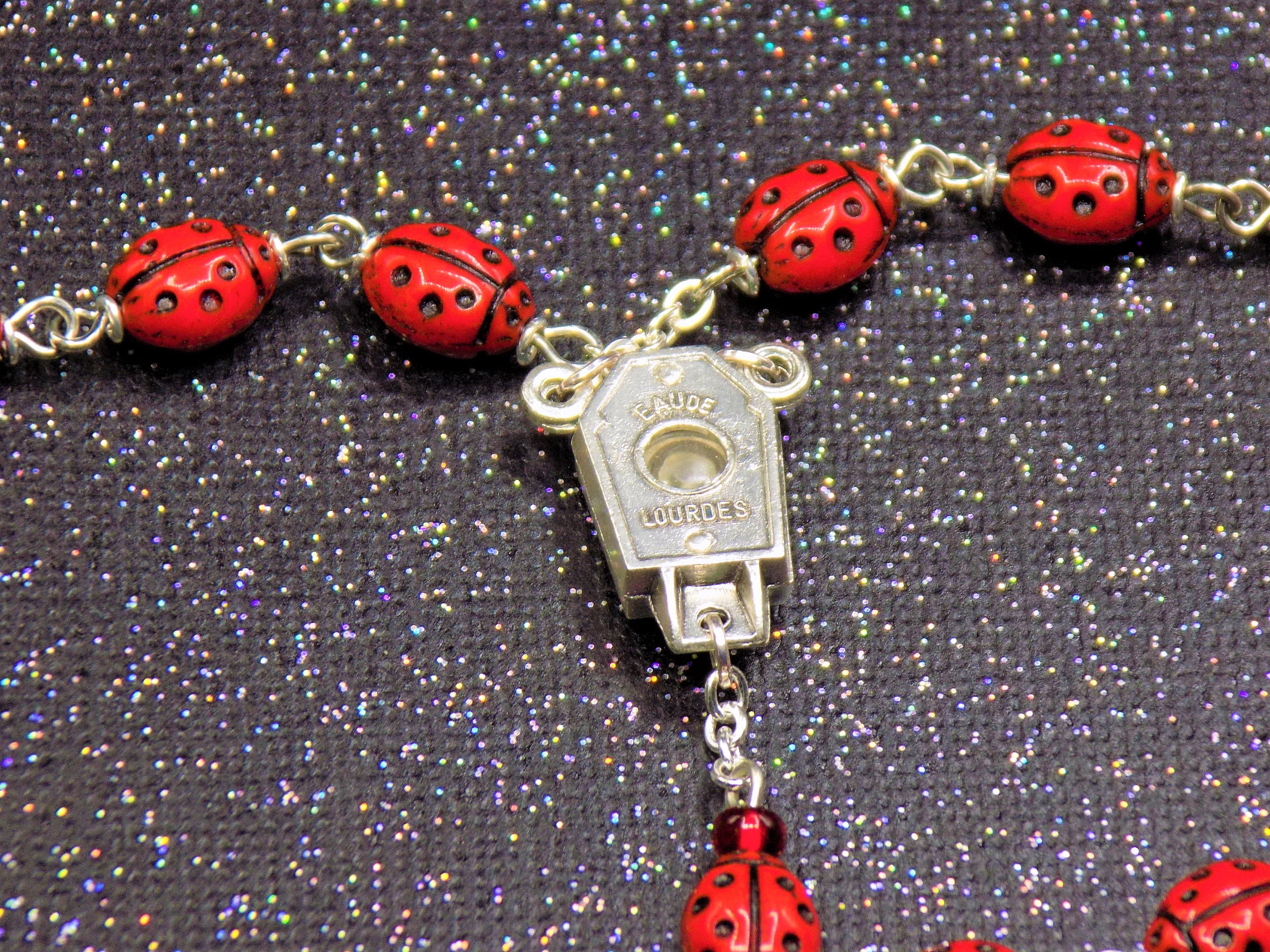 Ladybug Rosary Czech Opaque Red Ladybug Glass Beads Center Contains