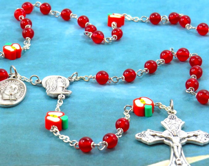 Teacher Rosary - Red Candy Jade Gemstone Beads - Polymer Apple Beads - Fatima Center - Italian Crucifix - St John Baptist De La Salle Medal
