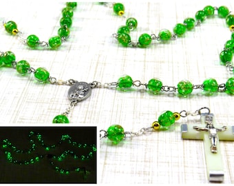 Firefly Green "Glow in the Dark" Rosary - Firefly Green Glow in The Dark Glass Beads -Italian Our Lady of Sorrows Center - Luminous Crucifix