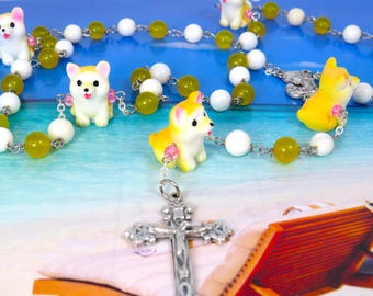 Puppy Dog Rosary - Red Husky Resin Father Beads - Yellow and White Jade Beads - Italian Mary & Jesus Center - Italian fleur-de-lis Crucifix