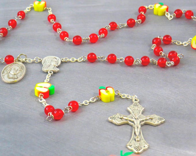 Teacher Rosary - Red Candy Jade Gemstone Beads - Polymer Apple Beads - Fatima Center - Italian Crucifix - St John Baptist De La Salle Medal