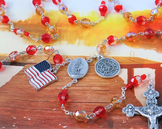 Firefighter Rosary - Czech Red/Clear & Red Crystal Beads - St Florian Center - US Flag Charm - Fire Dept Symbol Medal - Italian Crucifix