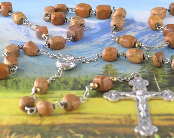 Brown Jasper Rosary - Brown Jasper Nugget Beads - Mary & Child Center Contains Earth from Jerusalem - Italian Eucharistic Crucifix