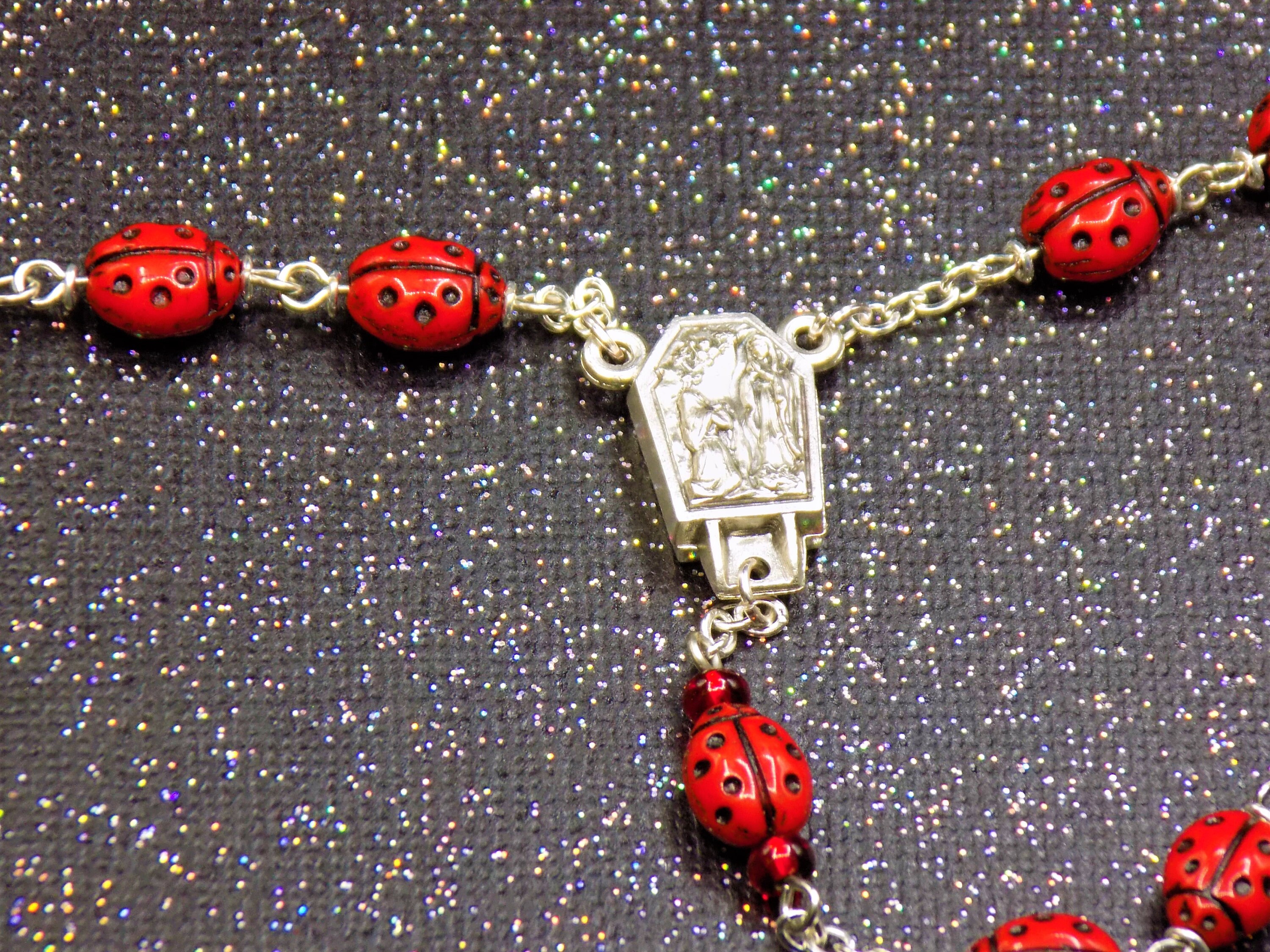 Ladybug Rosary Czech Opaque Red Ladybug Glass Beads Center Contains