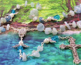Aquamarine Angel Rosary - Semi Precious Aquamarine Nugget Beads - Angel Beads - Italian Fatima Center- Italian Silver Eucharistic Crucifix