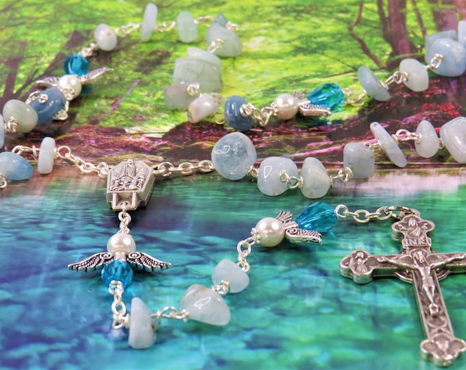 Aquamarine Angel Rosary - Semi Precious Aquamarine Nugget Beads - Angel Beads - Italian Fatima Center- Italian Silver Eucharistic Crucifix