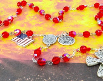 Firefighter Rosary - Czech AB Red & Red Crystal Beads - St Florian Center - US Flag Charm - Fire Dept Symbol Medal - Italian Spiral Crucifix