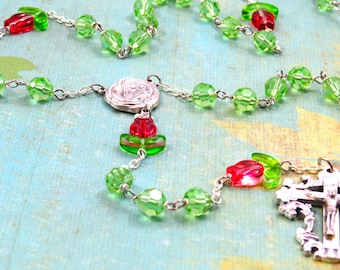 Rose Flower Swarovski Crystal Rosary - Red Rose Flower Crystal Beads -Green Swarovski Beads -St Therese Relic Center-Italian Flower Crucifix