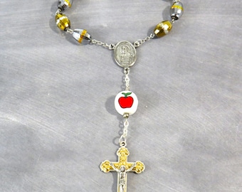 Teacher One Decade Rosary - Gold & Silver Glass Beads - Apple Father Bead - St John De La Salle Center -Italian Crucifix-Teacher Prayer Card