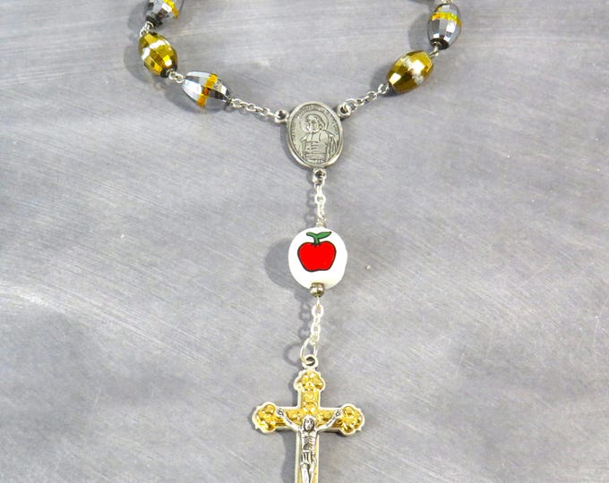 Teacher One Decade Rosary - Gold & Silver Glass Beads - Apple Father Bead - St John De La Salle Center -Italian Crucifix-Teacher Prayer Card