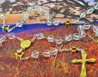 Confirmation Holy Spirit Rosary - Fancy Cut Clear Crystal Beads - Gold Holy Spirit Father Beads - Gold Holy Spirit Center - Gold Crucifix