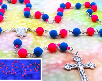Fluorescent Pink and Blue Neon Rosary - Czech Flurescent Pink & Blue Neon Glass Beads - Italian Fatima Center - Italian Eucharistic Crucifix