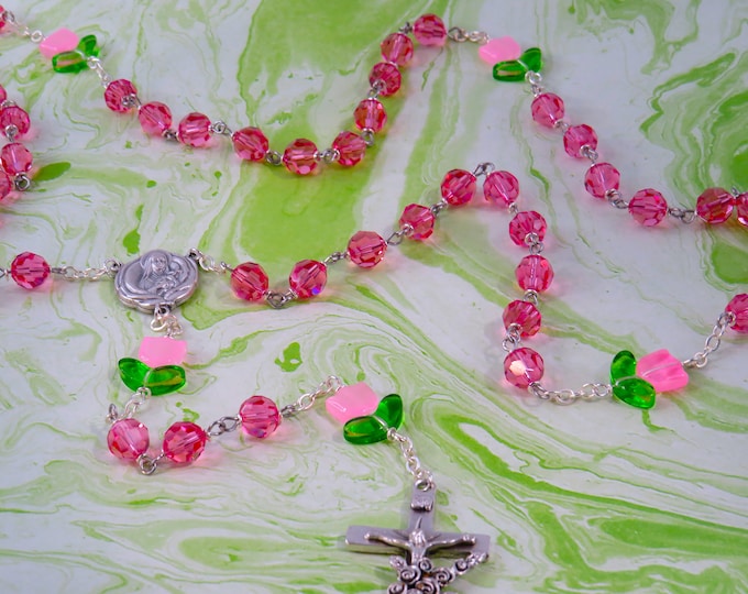 Tulip Flower Swarovski Crystal Rosary - Tulip Flower Crystal Beads - Pink Swarovski Beads - St Therese Relic Center - Italian Roses Crucifix