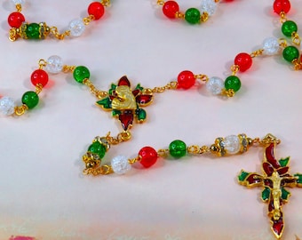 Christmas Poinsettia Rosary - Red, Green and Clear Crackle Glass Beads - Rhinestone Father Beads-Gold Christmas Poinsettia Center & Crucifix