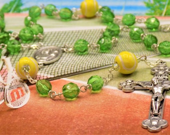 Tennis Ball Rosary - Czech 8mm Green Glass Beads - Ceramic Tennis Balls -Italian Saint Sebastian Center -Italian Silver Eucharistic Crucifix