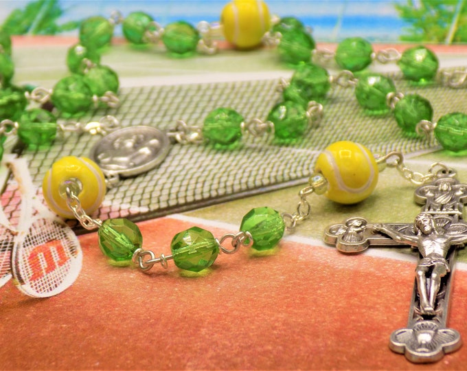 Tennis Ball Rosary - Czech 8mm Green Glass Beads - Ceramic Tennis Balls -Italian Saint Sebastian Center -Italian Silver Eucharistic Crucifix
