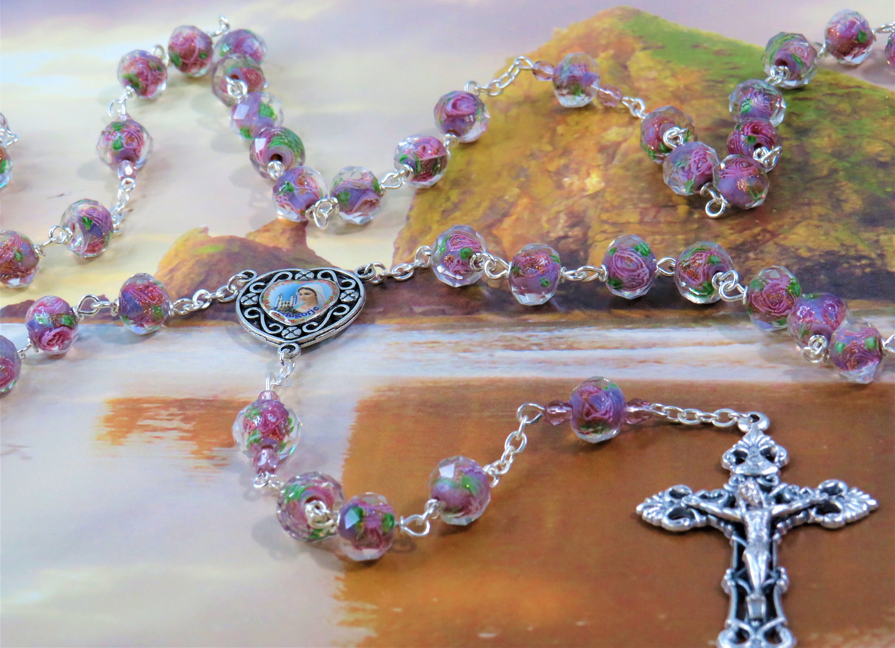 Lt Purple Rose Flower Lamp Glass Rosary Faceted Lt Purple Rose Flower