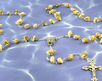 Sea Shell Rosary - Natural Conch Sea Shell Beads - Czech Beads -Italian Water from Lourdes, France Center -Italian Silver Sunburst Crucifix