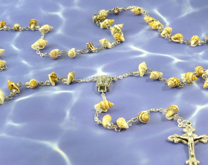 Sea Shell Rosary - Natural Conch Sea Shell Beads - Czech Beads -Italian Water from Lourdes, France Center -Italian Silver Sunburst Crucifix