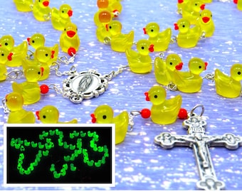 Ducky Rosary - Glows in the Dark - Hand-Painted Duck Beads - Orange Beads -Italian Our Lady of Guadalupe Center-Italian Eucharistic Crucifix