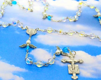 Crystal Angel Rosary - Czech AB Crystal Beads - Czech Aqua & White Pearl Glass Beads -Italian Mary and Angels Center- Italian Angel Crucifix