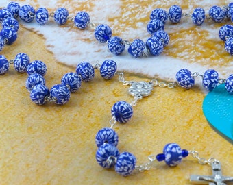Blue Hawaiian Flower Rosary - Blue & White Hawaiian Flower Polymer Clay Beads - Italian Rose and Mary Center -Italian Silver Flower Crucifix