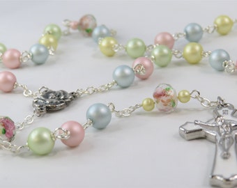Pastel Pearl and Flower Rosary - Pastel Glass 8mm Pearl Beads - Lamp Glass Father Beads -Italian Rose Center -White Enamel Benedict Crucifix