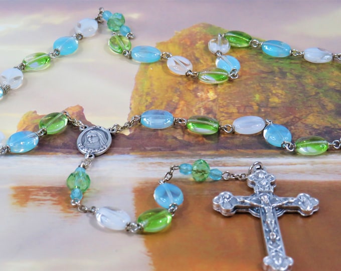 Czech Oval Glass Rosary - Czech Blue, Green & White Glass Beads - Czech Green Fancy Cut Beads - Medjugorje Center - Eucharistic Crucifix