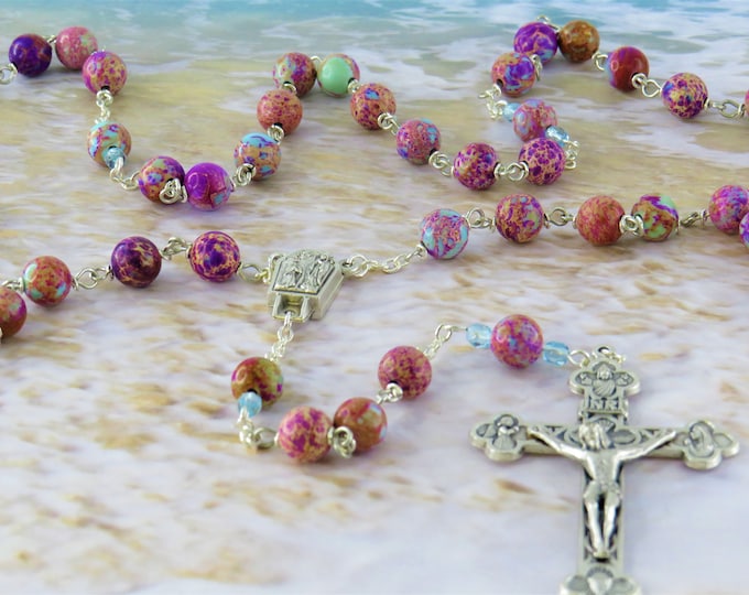 Icy Blue and Purple Sea Jasper Rosary -Icy Blue & Purple Sea Sediment Imperial Jasper Beads -Lourdes with Water Center -Eucharistic Crucifix